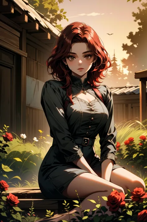 ((ultra detailed, masterpiece, absurdities))
 canteraabigail, 1 girl, alone, red hair, brown eyes, sitting in a garden, rose, sh...