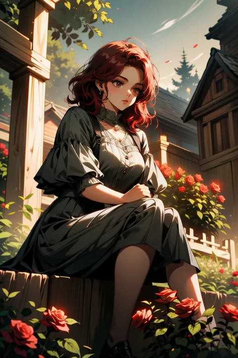 ((ultra detailed, masterpiece, absurdities))
 canteraabigail, 1 girl, alone, red hair, brown eyes, sitting in a garden, rose, sh...