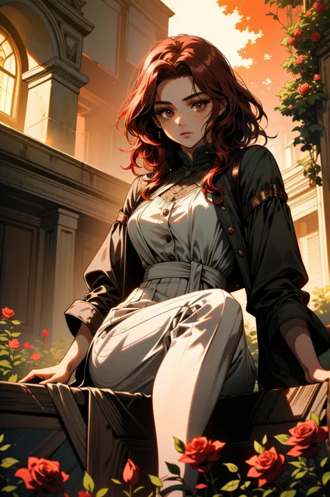 ((ultra detailed, masterpiece, absurdities))
 canteraabigail, 1 girl, alone, red hair, brown eyes, sitting in a garden, rose, sh...