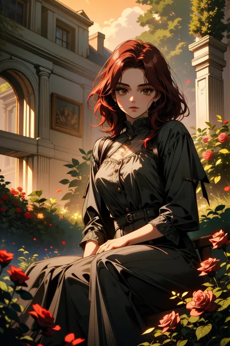 ((ultra detailed, masterpiece, absurdities))
 canteraabigail, 1 girl, alone, red hair, brown eyes, sitting in a garden, rose, sh...