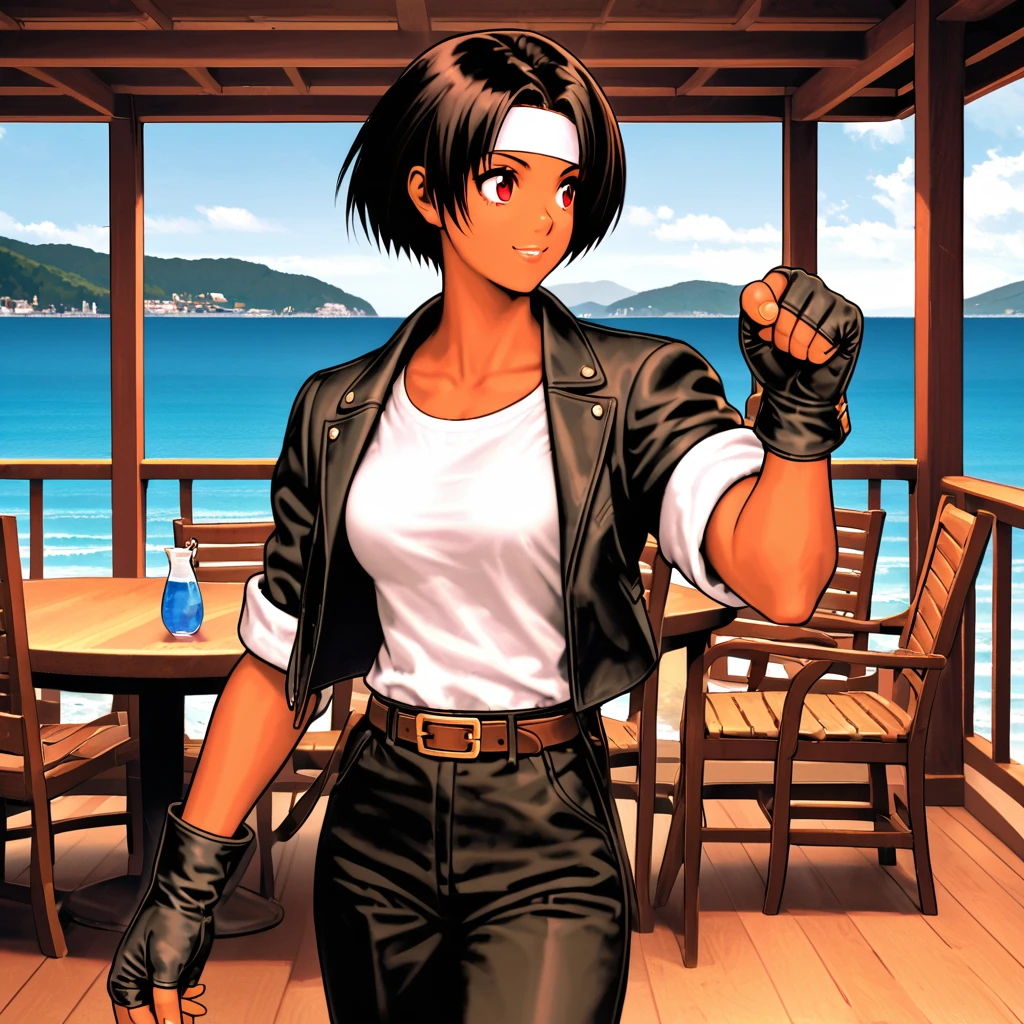 Orochikyo,One person,woman,short hair,Black Hair,Dark Skin,Red eyes,Black jacket with rolled up sleeves,Fingerless gloves,White T-shirt, （White headband on forehead）,Black pants,White shoes,Brown belt,cute,Indoor person,Charm Points,Ocean View,Slightly large breasts,Outdoor,High quality,Handsome,Confident and surprised face,Dining with friends on the terrace,Lively atmosphere