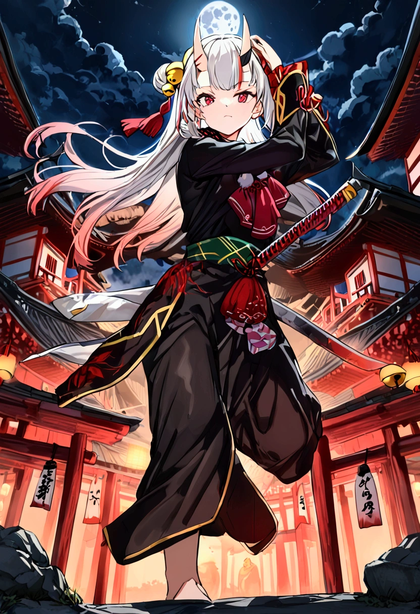 (masterpiece, Highest quality, High resolution,anime), ((Nakiri Ayame, Hololive, Gray Hair, horn, beautiful girl, Wearing a bell on his head)), Black kimono,Holding a sword,Dynamic pose,Shrine at night,The moon is out,Flashy light effects