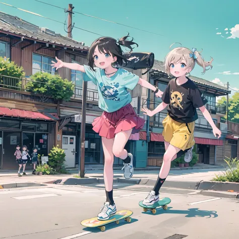 8-year-old、pretty girl、skateboarding、happy smile、beautiful background, four girls