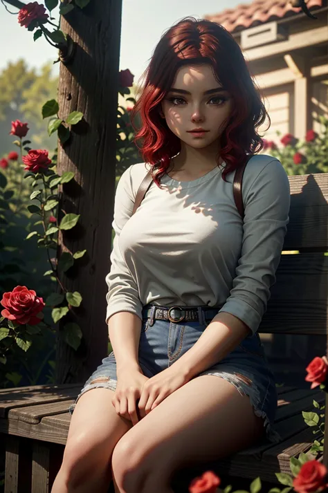 ((ultra detailed, masterpiece, absurdities)) canteraabigail, 1 girl, alone, red hair, brown eyes, sitting in a garden, rose, sho...