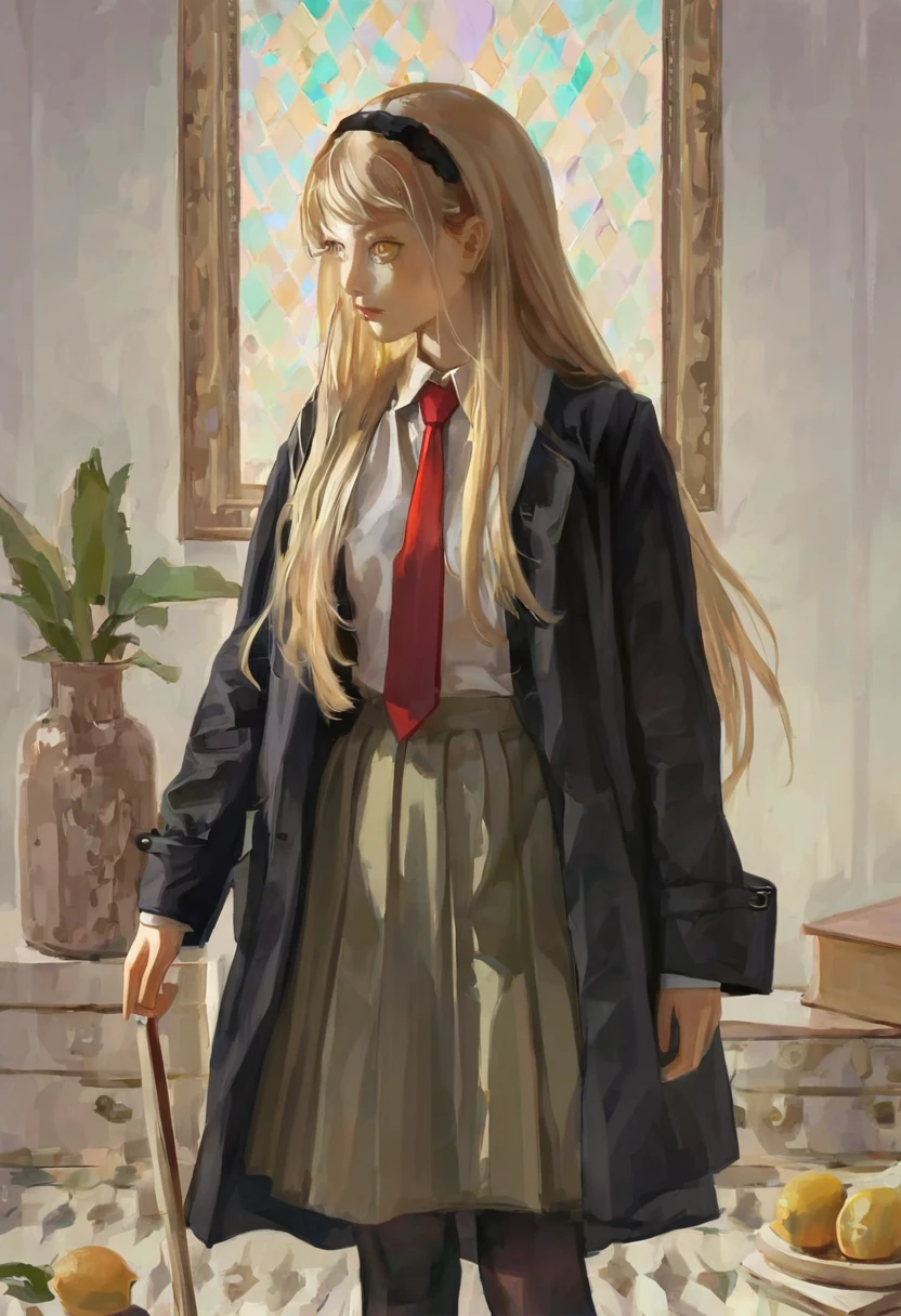 h3l3n, Fkey, masterpiece, best quality, high quality, hyperrealistic anime painting, anime painting, loose long hair, dramatic diagonal lighting, painterly, realistic painting, soft feature, detailed clothes, detailed, rembrandt lighting, lemon irvine,1girl, solo, blonde hair, red necktie, skirt, long hair , yellow eyes, ribbon, hairband, hair ribbon, black pantyhose, shirt, black coat,black robe, school uniform, white shirt, upper body,close up,
