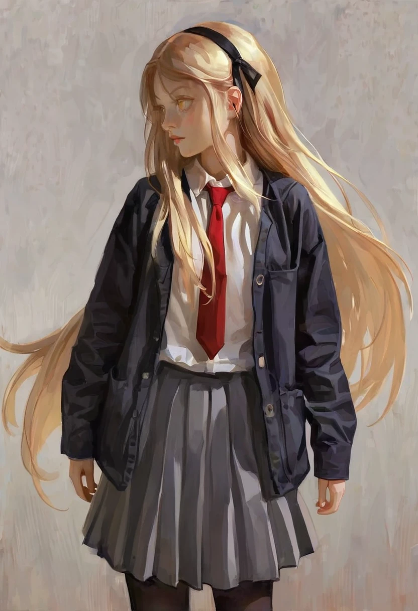 h3l3n, Fkey, masterpiece, best quality, high quality, hyperrealistic anime painting, anime painting, loose long hair, dramatic diagonal lighting, painterly, realistic painting, soft feature, detailed clothes, detailed, rembrandt lighting, lemon irvine,1girl, solo, blonde hair, red necktie, skirt, long hair , yellow eyes, ribbon, hairband, hair ribbon, black pantyhose, shirt, black coat,black robe, school uniform, white shirt, upper body,close up,
