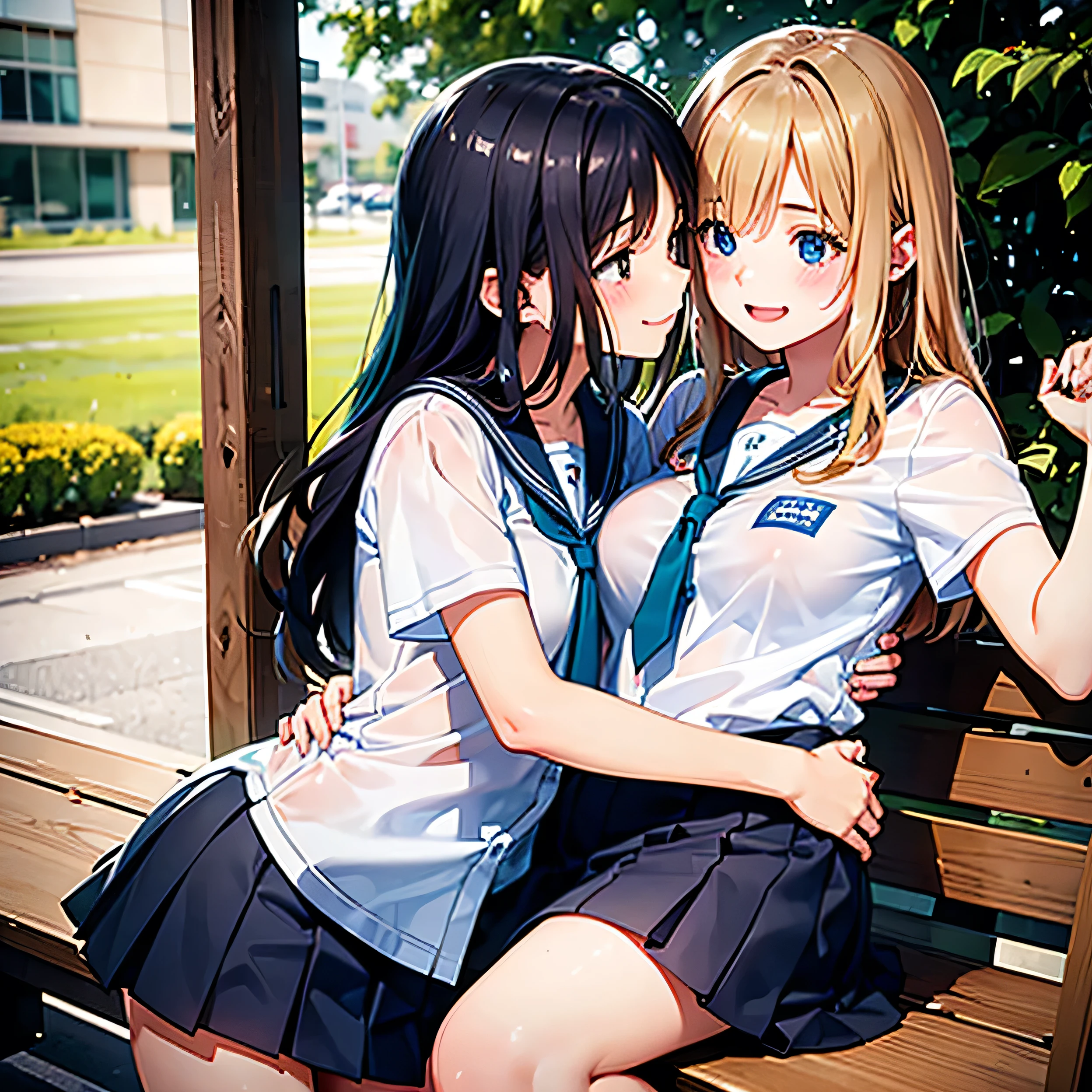 best quality, RAW photos, realistic, highest resolution, Romance Student, Two school girls hugging each other, 16-years-old 2 girls, Lesbian couples, yuri, smile, I&#39;m embarrassed, Moderately tall and slim, Appropriate breast size, beautiful, high school student, classmates, very detailed face, very detailed face, perfect lighting, Highly detailed CG, (perfect hands, complete anatomy), masterpiece