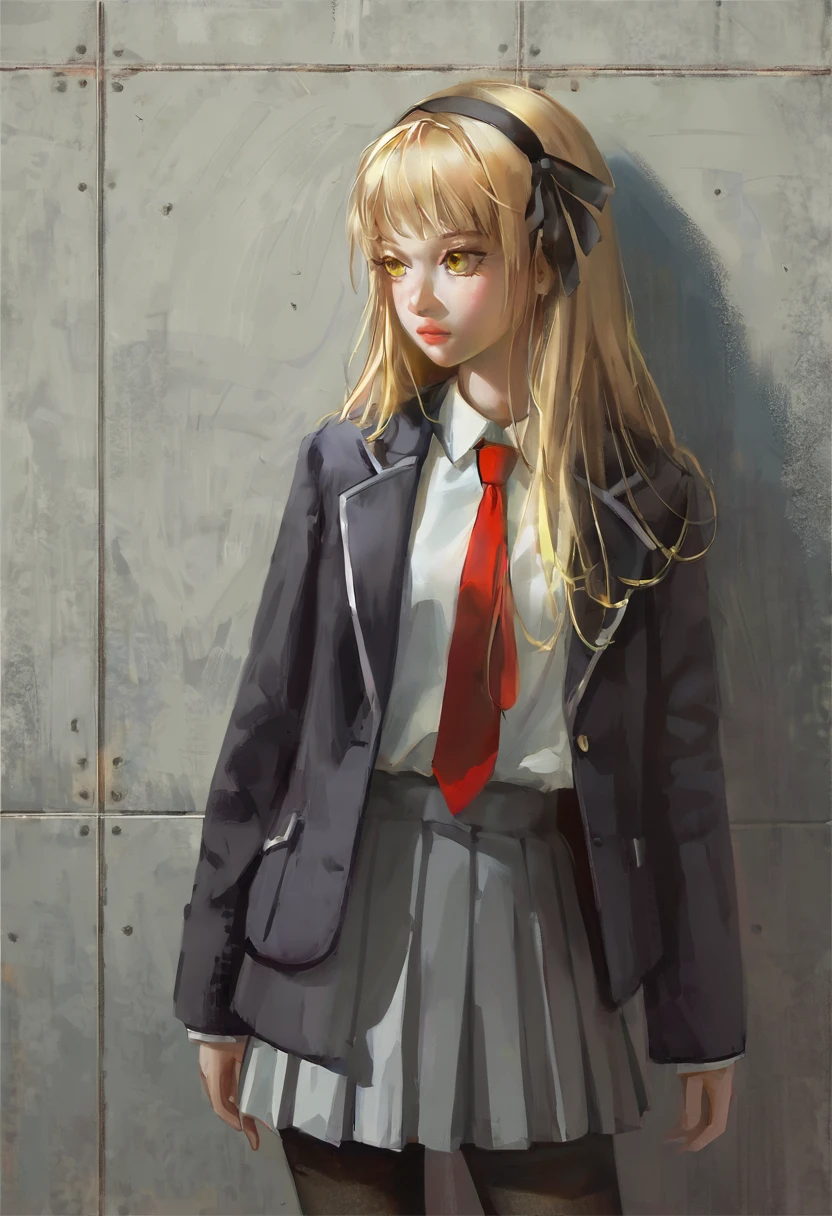 h3l3n, masterpiece, best quality, high quality, hyperrealistic anime painting, anime painting, loose long hair, dramatic diagonal lighting, painterly, realistic painting, soft feature, detailed clothes, detailed, rembrandt lighting, lemon irvine,1girl, solo, blonde hair, red necktie, skirt, long hair , yellow eyes, ribbon, hairband, hair ribbon, black pantyhose, shirt, black coat,black robe, school uniform, white shirt, upper body,close up,
