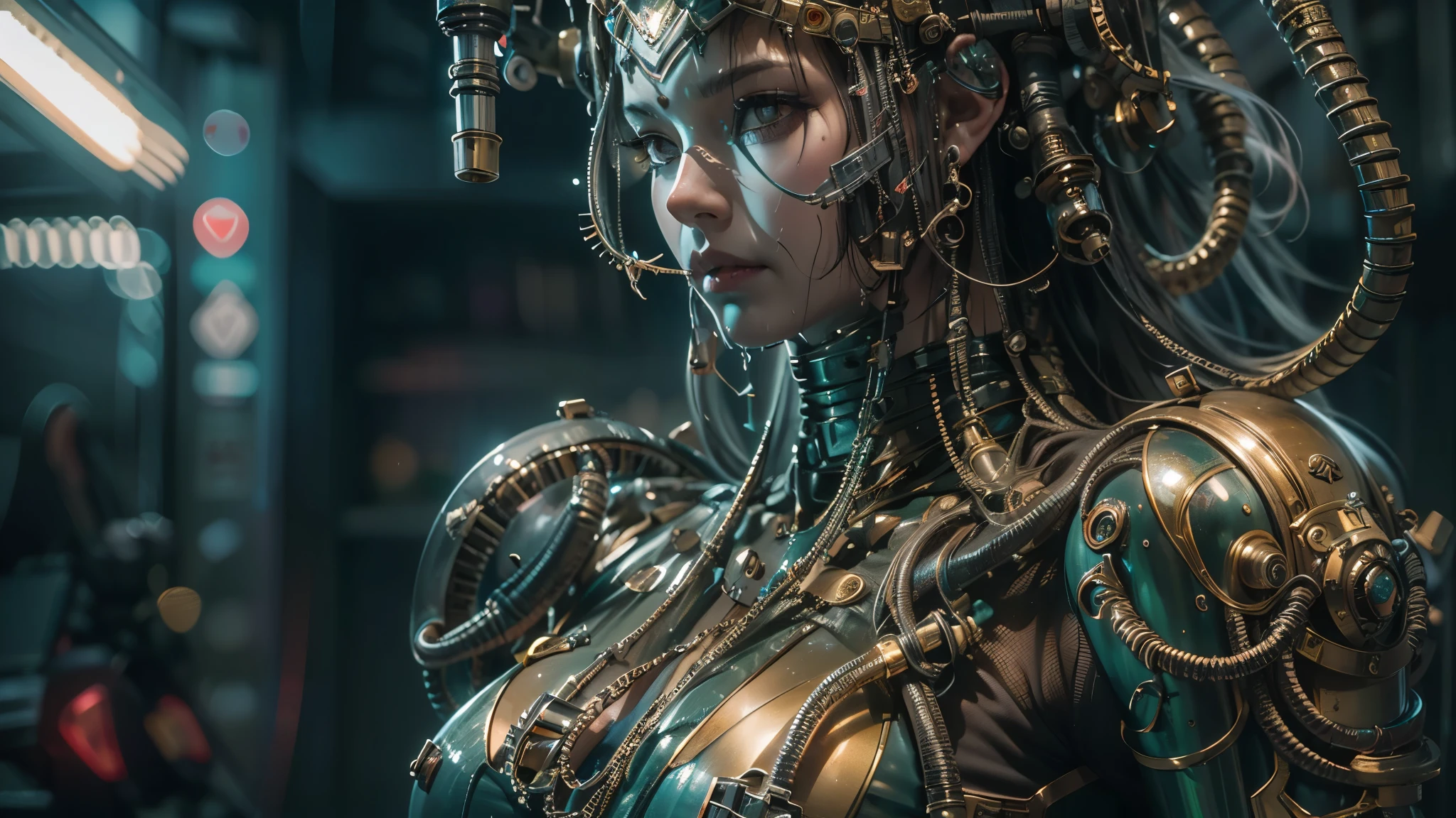 Top Quality, Masterpiece, Ultra High Resolution, ((Photorealistic: 1.4), Raw Photo, 1 LADY JUSTICE, Glossy bronze armor, wet skin, 1 Mechanical Girl, sister Repentia, warhammer, 40k, warhammer 40k armor , (Ultra Realistic Details)), mechanical limbs, tubes connected to the mechanical parts, mechanical vertebrae attached to the spine, mechanical cervical attachment to the neck, wires and cables connecting to the head, Evangelion, Ghost in the Shell, global lighting, deep shadows, Octane Rendering, 8K, Ultra Sharp, Metal, Intricate Ornament Details, baroque details, Very intricate details, realistic light, HDR, CGSoation trend, facing the camera, neon details, (android manufactory in background), ((art by H.R. Giger and Alphonse Mucha.))