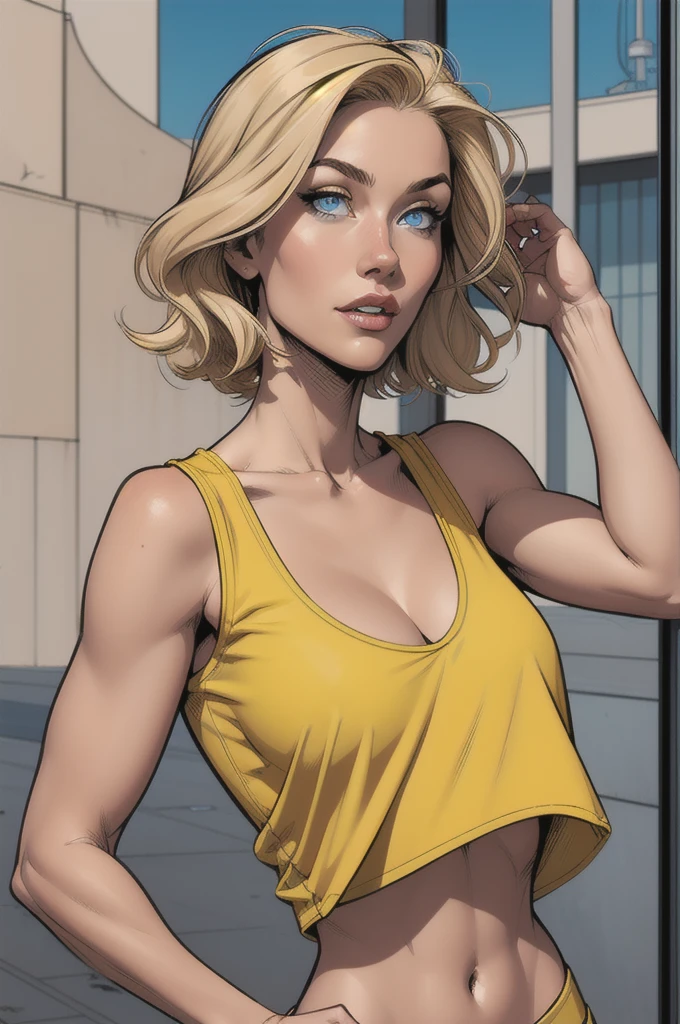 woman thin, pans jogger, blondy hair, blue eyes, busty. Yellow top. Comic style