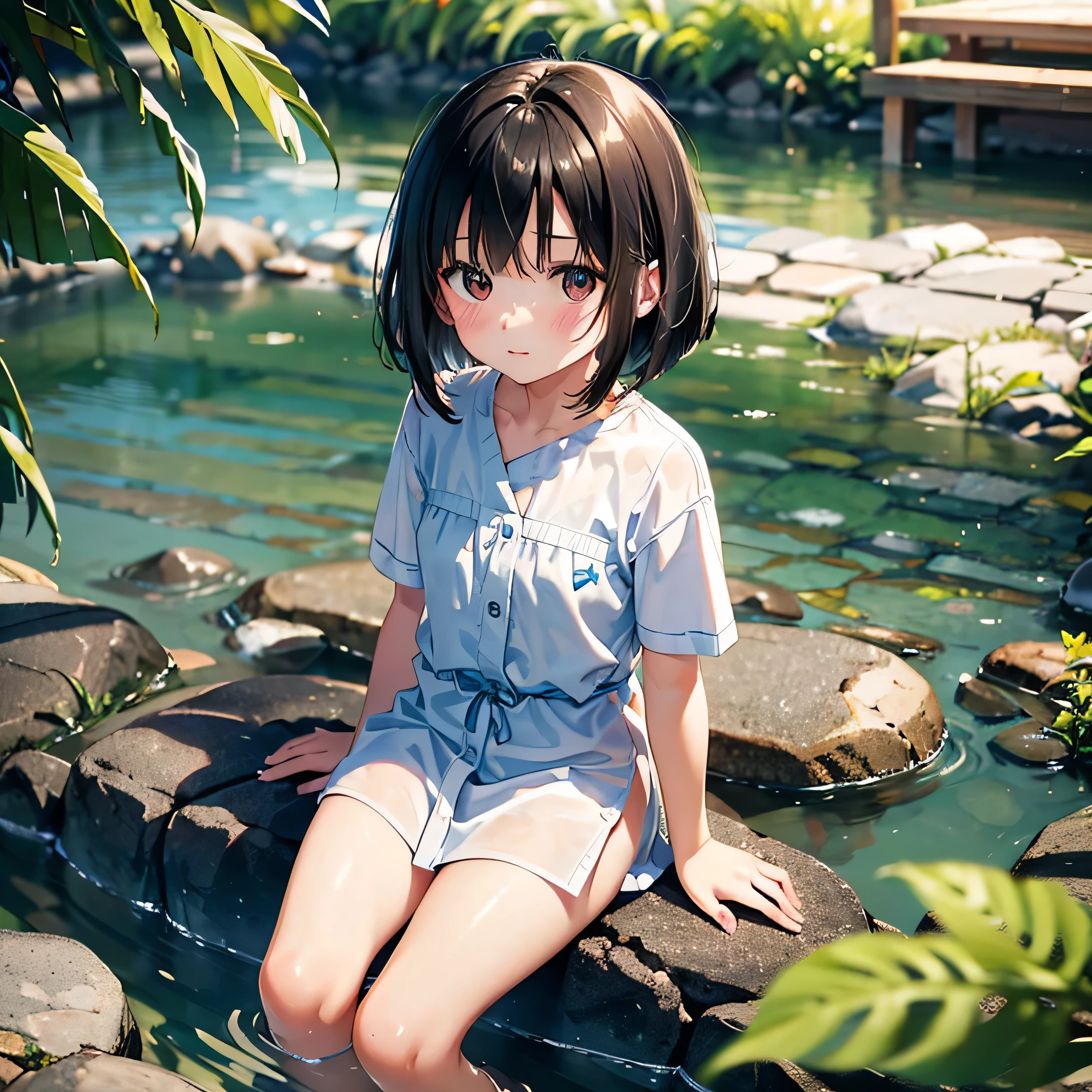 Elementary student, ((medium bob hair)),Japanese,((chiquita)) ,short sleeve shirt,bare legs,dry river bed,bathing in water,,small , (realistic original photos), (high detail skin:1.2), 8k words, digital SLR, high quality, high resolution, 4K, 8k, bokeh, Cute ,Due diligence adaptation,