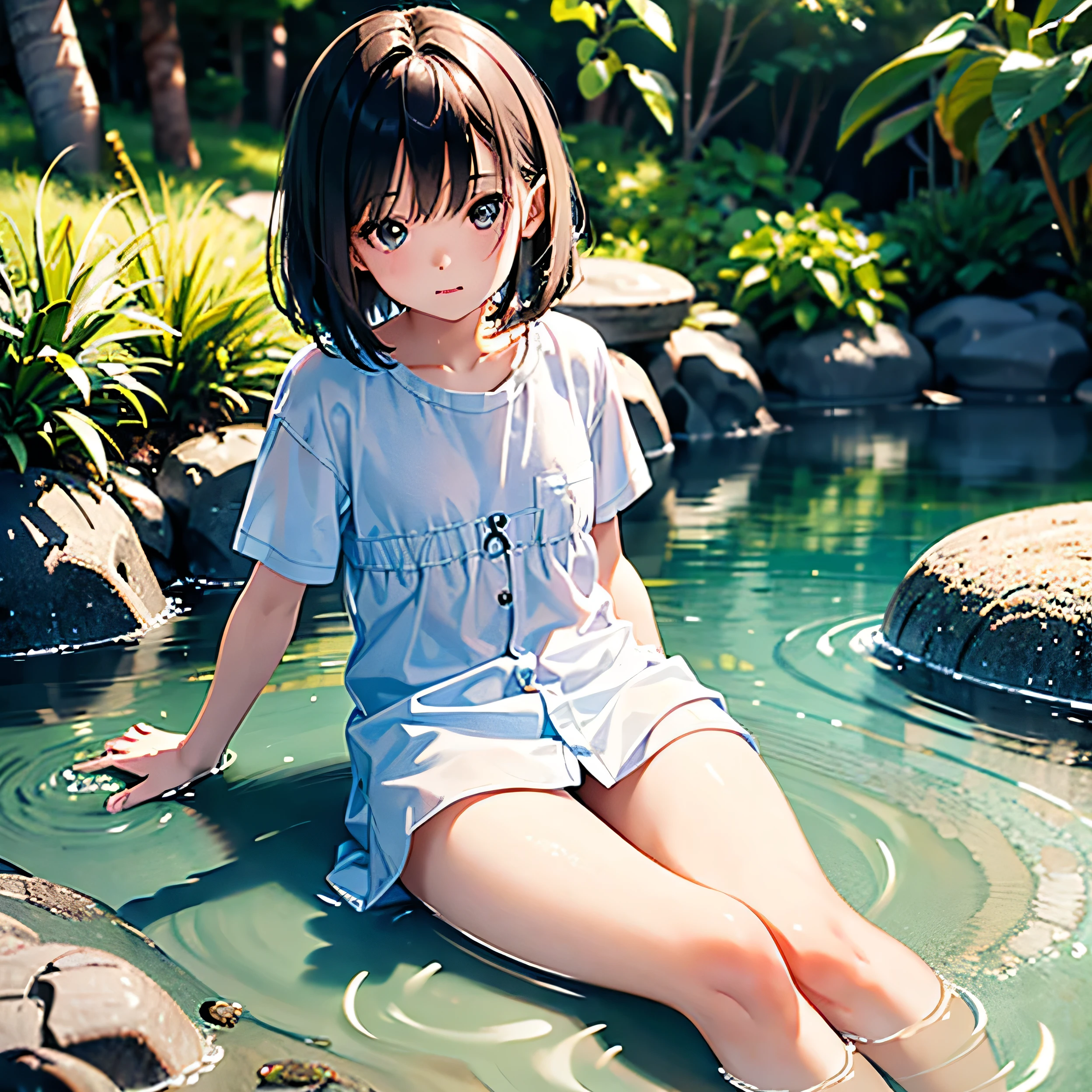 Elementary student, ((medium bob hair)),Japanese,((chiquita)) ,short sleeve shirt,bare legs,dry river bed,bathing in water,,small , (realistic original photos), (high detail skin:1.2), 8k words, digital SLR, high quality, high resolution, 4K, 8k, bokeh, Cute ,Due diligence adaptation,