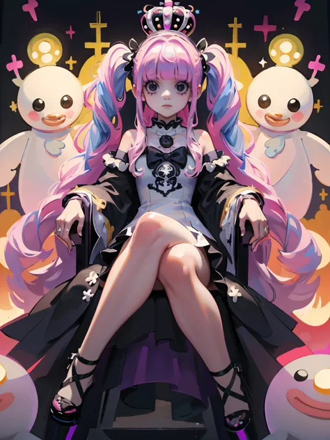 platform, one piece, wearing the crown, pink twin tails, long hair, keeping a stuffed bear, kumasi,  white transparent holo ghos...