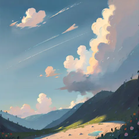 a charming 2d landscape drawn in crayon style. a clear blue sky with fluffy clouds drawn with soft lines. in the sky, written wi...