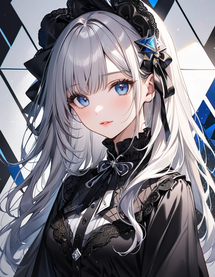 (digital art:0.2),(geometric art:1.7),(top-quality),(masterpiece),Delicately drawn face,girl with a pretty face,beautiful detailed blue eyes,Gothic Lolita Fashion,((Black and white costume)),(Beautiful silky silver hair:1.2),black ribbon hair ornament,Film Lighting,abstract,a beautiful artistic illustration,geometric background