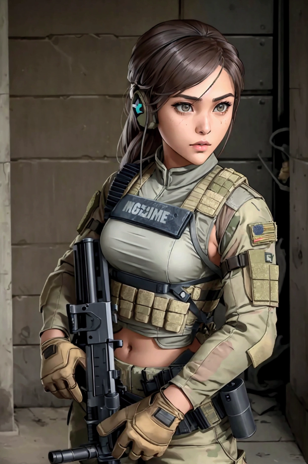 a woman in a white outfit holding a rifle and wearing headphones, 24-year-old woman, Filipino woman, tan bronze skin, soldier girl, mechanized soldier girl, military girl, beautiful female soldier, female lead character, infantry girl, of a sniper girl in war, solo female character, future combat gear, close up half body shot, Women in crop top military bulletproof vest, showing navel, quiet from metal gear solid v, wearing tactical gear, dressed in tactical armor, (aiming rifle)