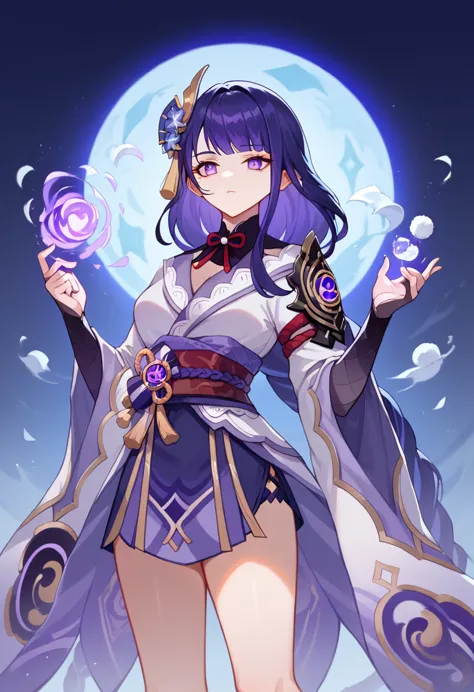 1girl, solo, raiden shogun (genshin impact), costume with blue accents, astral witch clothes, lunar themed attire, magic uniform...