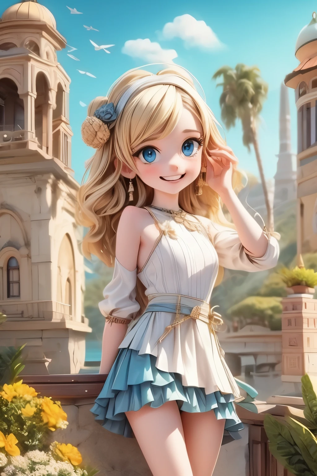 village realisticlying、Virginia Otis 15-year-old girl、City of victorian age, Europe. aristocrat girl、Looking up from below、Depiction of blonde hair blue eyes wear long sleeve sheer fabric dress、Various sexy poses、Face smile、Depicts the whole body、