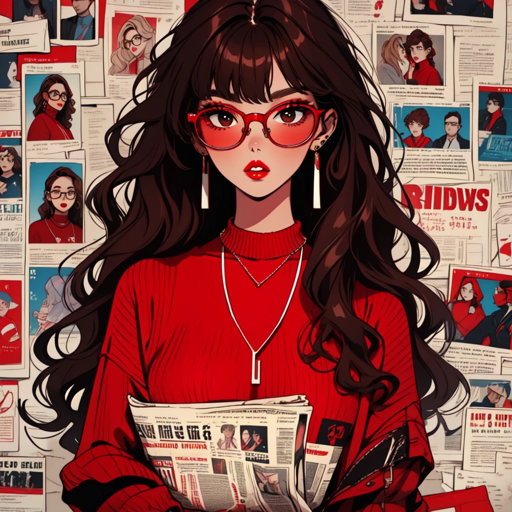 newspaper wall, glasses, parted lips, looking over eyewear, black jacket, jewelry, long hair, jacket, red shirt, solo, upper body, brown hair, 1girl, necklace, earrings, red sweater, looking at viewer, red-tinted eyewear, sweater, red jacket, red lips, 