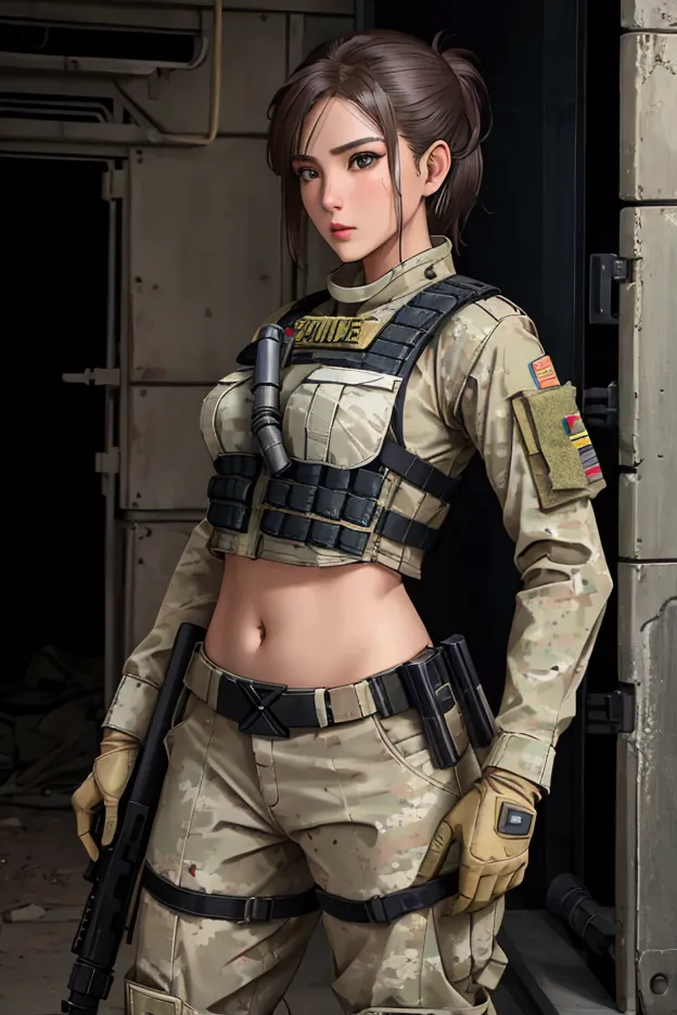 a woman in a white outfit holding a rifle and wearing headphones, 24-year-old woman, korean woman, white skin, soldier girl, mec...