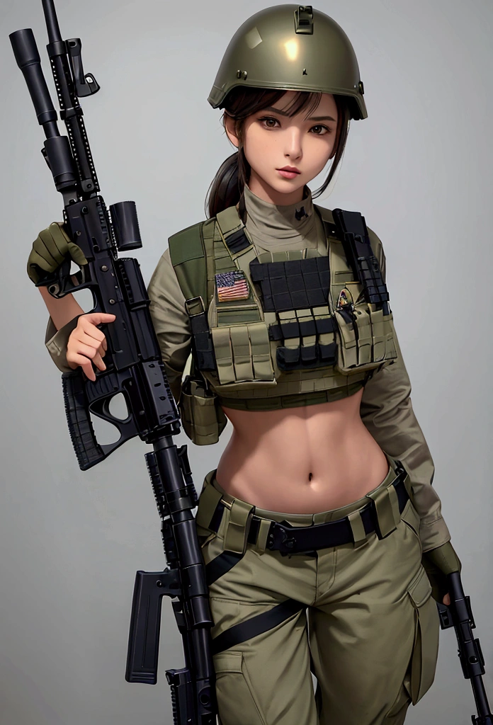 Women in crop top military bulletproof vest , military green cargo pants, belt, military helmet, tactical, (open navel), ((holding assault rifle))