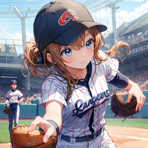 a pose of the image is of a baseball player  pulling her arm back to throw the ball in the baseball games, 1girl, solo, sportswe...