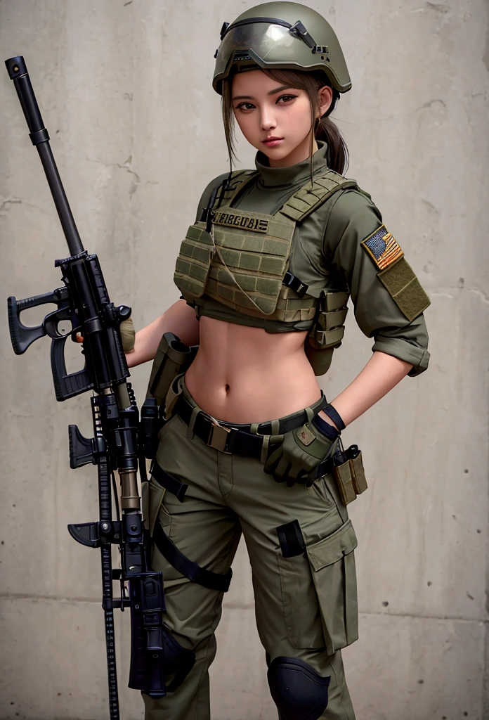 Women in crop top military bulletproof vest , military green cargo pants, belt, military helmet, tactical, (open navel), ((holding assault rifle))