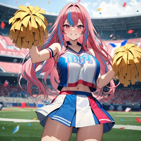 a woman wearing a pink cheerleader outfit with blue details, hot pink hair, gray bangs, multicolored hair, pink eyes, smiling, b...