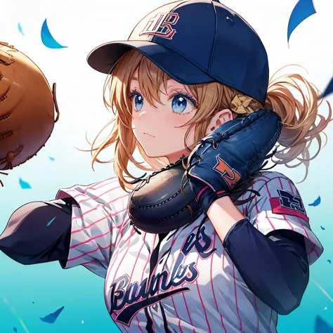 baseball pitcher throwing a ball with her hand over her head on a colored background, baseball mitt, baseball uniform, 1girl, fe...