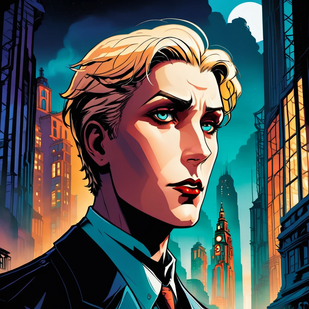 graphic novel illustration. side portrait, 1boy, blonde, stare, sense of suspense and mystery. vibrant and moody, retro-futuristic bioshock art-deco, noir-hued colors, hazy, epic mist 