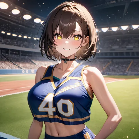 a woman wearing a white cheerleader uniform with yellow details, big breasts, smiling, brown hair, short hair, yellow eyes, on t...