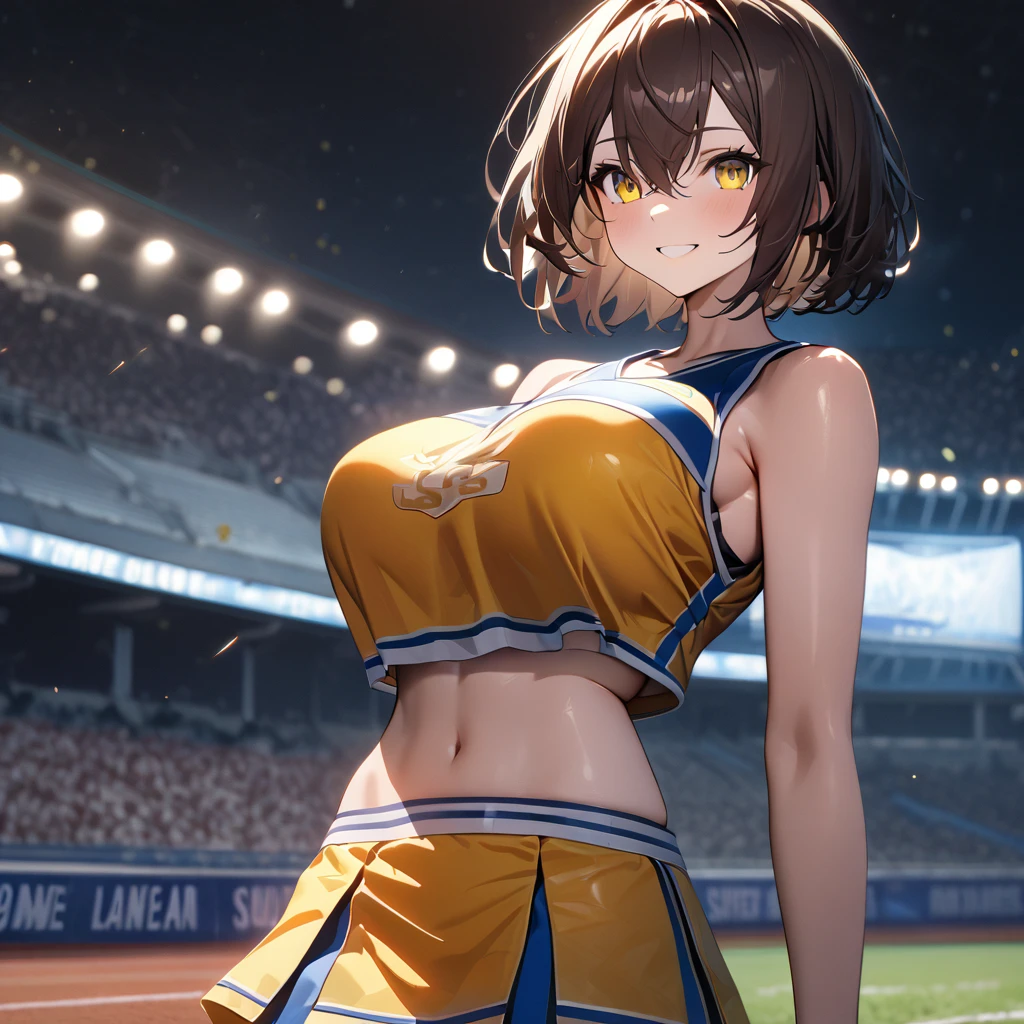 A woman wearing a white cheerleader uniform with yellow details, big breasts, smiling, brown hair, short hair, yellow eyes, on the stadium field, at night, lighting in place, standing, Azur_lane, USS_baltimore., perfect face, perfect eyes.,UHD , prime work , accurate , anatomically correct , textured skin , super details , high quality , best quality, 8k, high resolution, bokeh effect. (woman alone)
