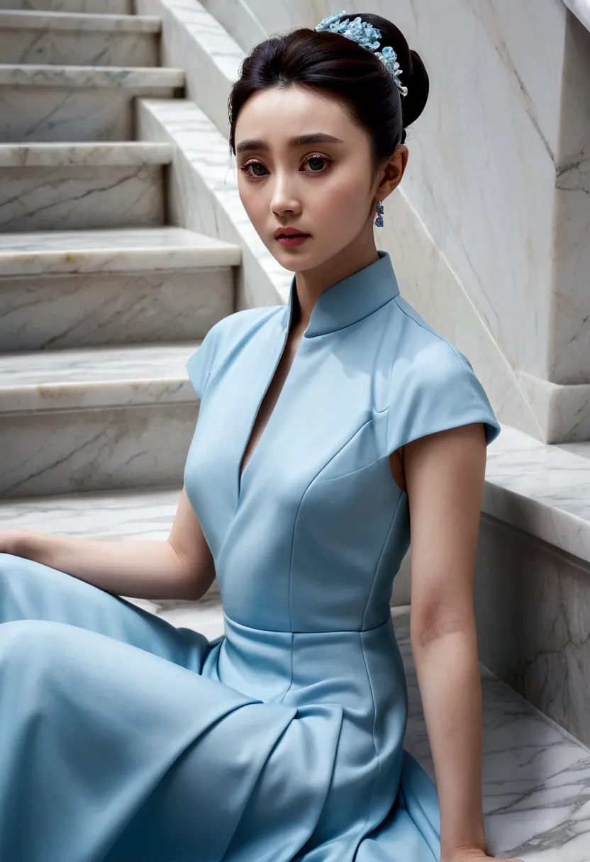 close-up of a person in a blue dress sitting on the stairs, marble sculpture, realistic painting, empty mountain base, fan bingb...