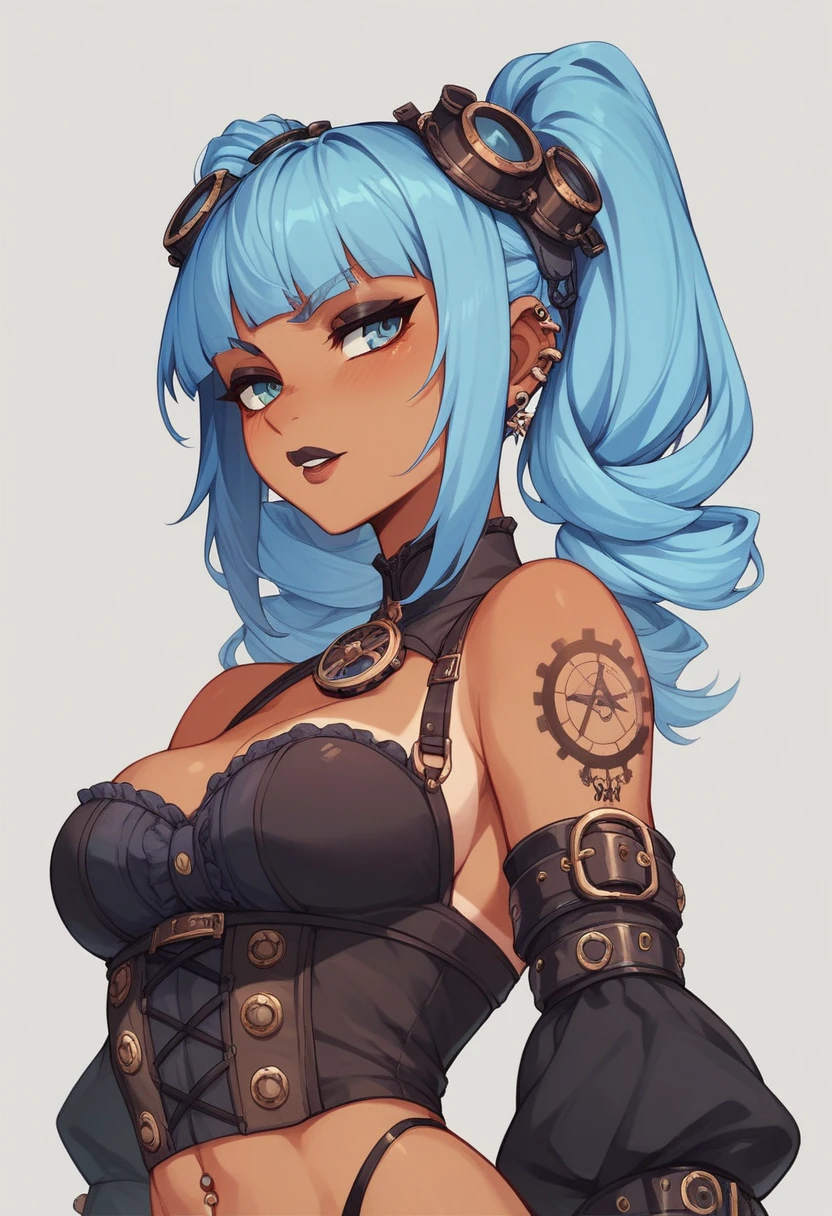 A character from the serie arcane. Light blue hair tied in a orne pigtail. Tan skin. Goth/steampunk style.