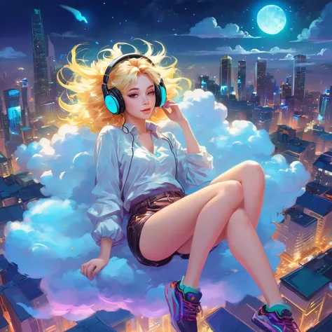 a beautiful 20 year old blonde woman with big messy hair laying down on a cloud in the sky floating over a cityscape at night, w...