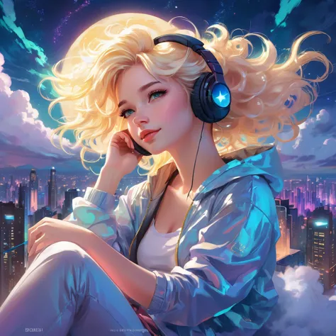 a beautiful 20 year old blonde woman with big messy hair laying down on a cloud in the sky floating over a cityscape at night, w...