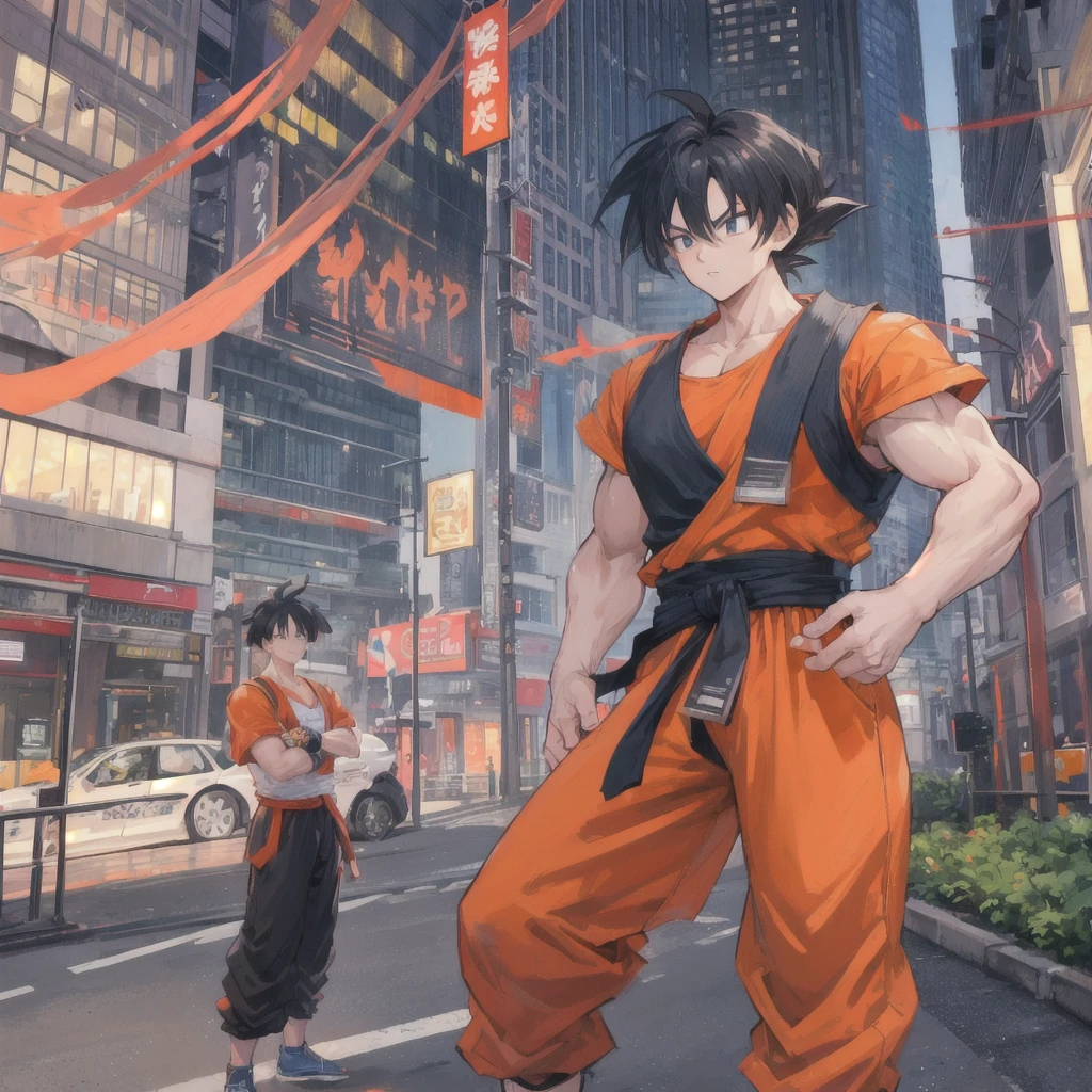 Create a highly detailed and realistic digital art piece of Goku from Dragon Ball, standing confidently on a city street. Ensure his spiky black hair, orange martial arts gi with a blue belt, and muscular physique are accurately depicted. The background should include urban elements like cars, buildings, and pedestrians to enhance the city setting, trade mark (enyo) on bottom picture