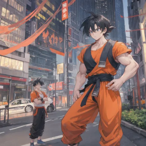 create a highly detailed and realistic digital art piece of goku from dragon ball, standing confidently on a city street. ensure...