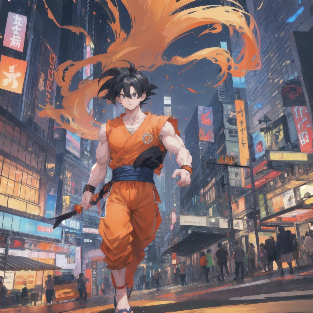 Create a highly detailed and realistic digital art piece of Goku from Dragon Ball, standing confidently on a city street. Ensure his spiky black hair, orange martial arts gi with a blue belt, and muscular physique are accurately depicted. The background should include urban elements like cars, buildings, and pedestrians to enhance the city setting, trade mark (enyo) on bottom picture