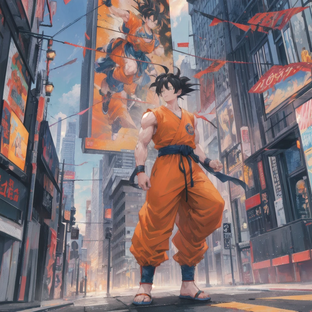 Create a highly detailed and realistic digital art piece of Goku from Dragon Ball, standing confidently on a city street. Ensure his spiky black hair, orange martial arts gi with a blue belt, and muscular physique are accurately depicted. The background should include urban elements like cars, buildings, and pedestrians to enhance the city setting, trade mark (enyo) on bottom picture