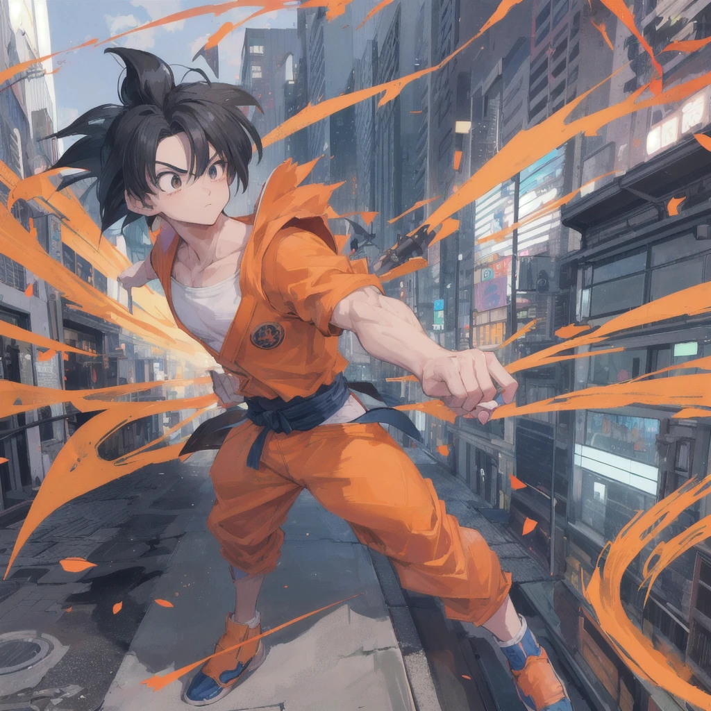 Create a highly detailed and realistic digital art piece of Goku from Dragon Ball, standing confidently on a city street. Ensure his spiky black hair, orange martial arts gi with a blue belt, and muscular physique are accurately depicted. The background should include urban elements like cars, buildings, and pedestrians to enhance the city setting, trade mark (enyo) on bottom picture