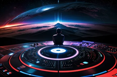 dj playing, futurist, interplanetary landscape, stunning image, tocadisco technics