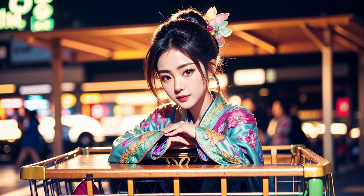 detailed background(),break ,Elaborate costumes(고급 kimono(kimono(detailed embroidery))),break,1 A beautiful and classy adult woman(japanese actress:1.2)(shiny hair(young)(hair up)),(shopping cart:1.5),break,Wallpaper 16K,blurred background,(table top:1.5), (best quality:1.5),(portrait photography:1.5),(full body esbian:1.5)
