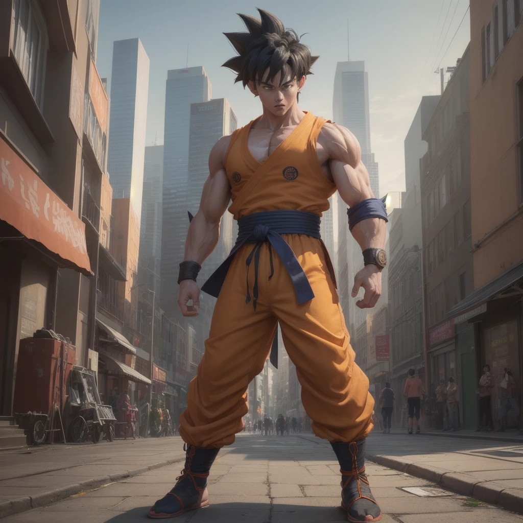 Create a highly detailed and realistic digital art piece of Goku from Dragon Ball, standing confidently on a city street. Ensure his spiky black hair, orange martial arts gi with a blue belt, and muscular physique are accurately depicted. The background should include urban elements like cars, buildings, and pedestrians to enhance the city setting, trade mark (enyo) on bottom picture