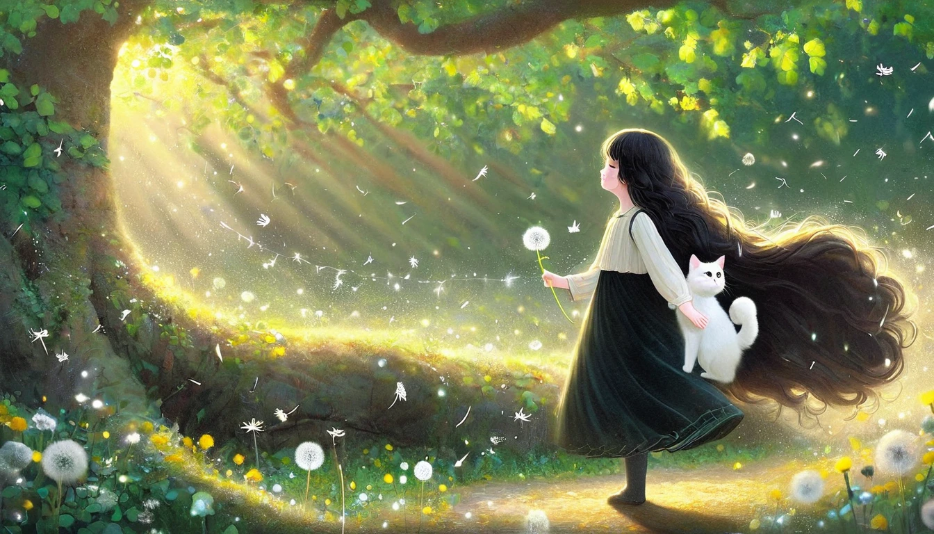 1 Girl, 独奏, Long hair, Black Hair, Long sleeve, skirt, Keep, perpetual, myopia, flower, Artist Name, sign, from the side, Tree, contour, animal, Watermark, Wavy Hair, flower卉印flower, Cat, plant, , Nature, Network skirt, forest, curls, Green dress, vine，Glowing silver light，Innocence，storybook-like，A gentle depiction of Nature，Wear，so beautiful, in the style of Amanda clark, Evgeni gordiets