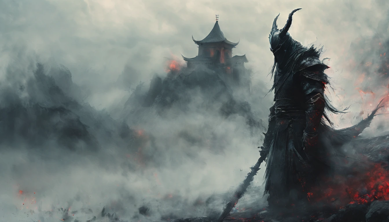 a warrior wearing black armor, helmet, and blood-stained, muscular male figure standing alone, dramatic lighting, dark moody atmosphere, highly detailed, cinematic, epic, concept art style，The elusive giant dragon in the mist，The dragon gazed at the man，The distant church in the mist