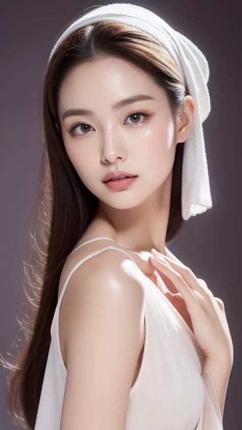 featuring confident and radiant women、generate ai art inspired by korean cosmetics advertising。displayed up to chest level、her p...