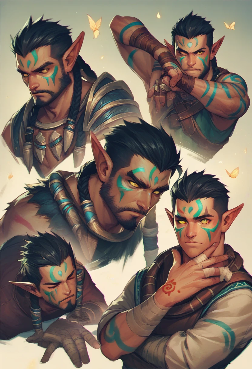 League of Legends Style  ,Drak Elf Male tribal ,Beautiful  face, tribal tattoo on face , yellow pupils , Black hair , wearing Pants ,Full body,Bandage on hands ,poses