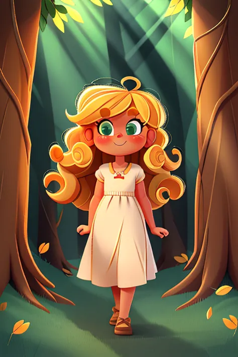 draw goldilocks, one with blonde and curly hair, walking happily among tall trees in a forest. sun rays pass between the leaves,...