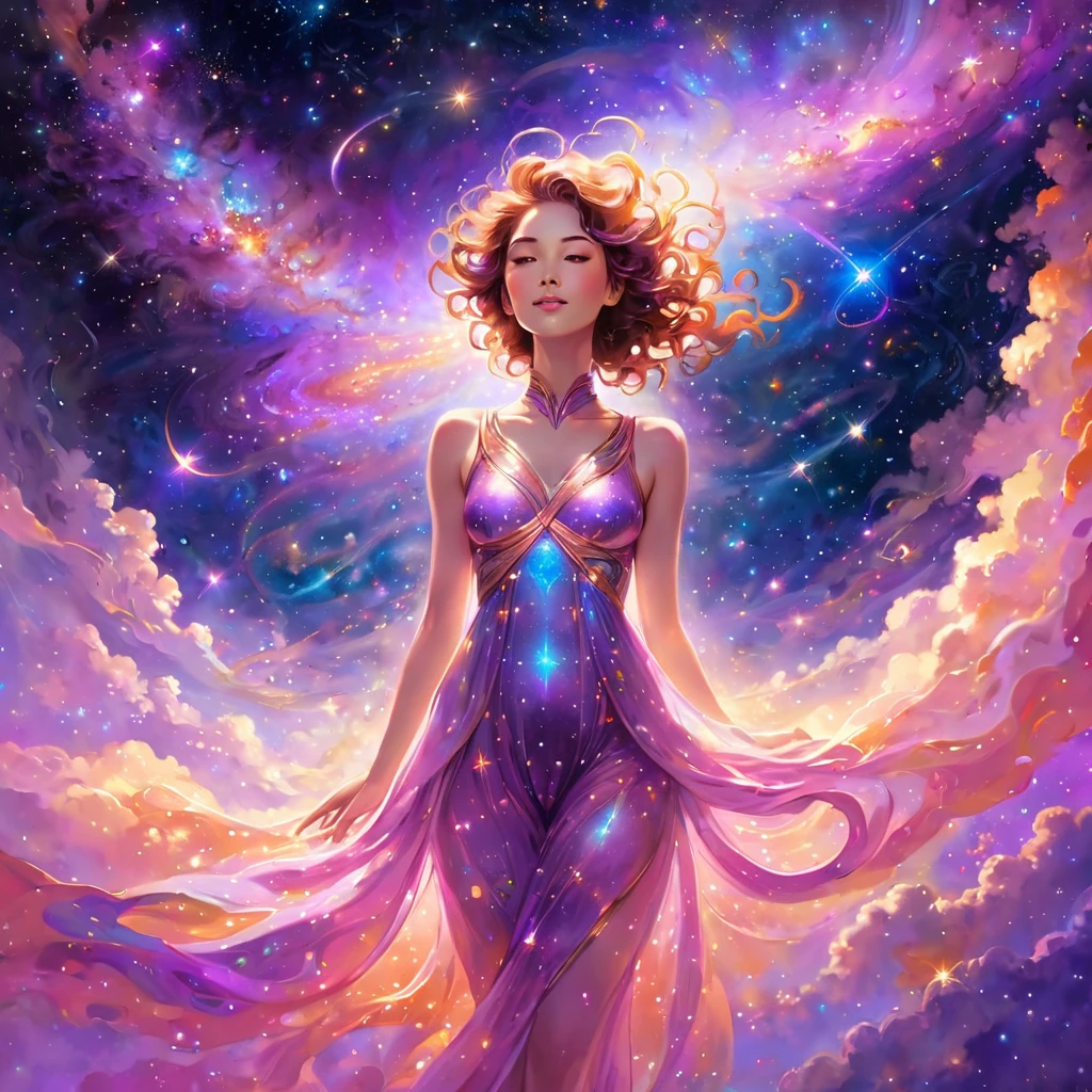 A beautiful woman floating in a vast cosmic space, surrounded by shimmering galaxies and nebulae. She is at the center of the universe, bathed in gentle shades of pink, orange, and soft purple. She radiates relaxation, the light of love permeating her entire being, and a profound sense of inner peace.

The feeling of discovery and transcendence, an infinity symbol with shooting stars in the background.